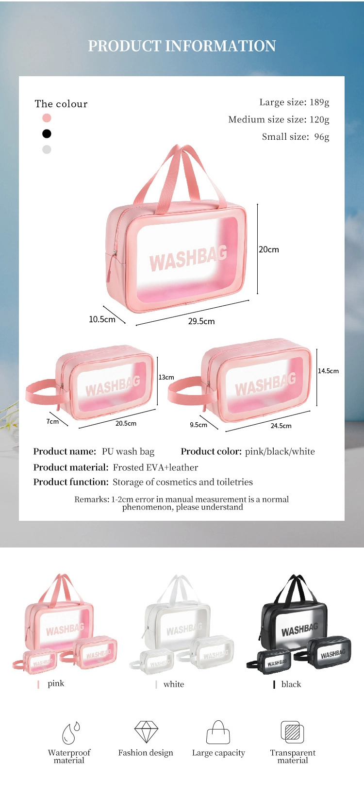 Customized Clear PU Makeup Pink Waterproof Storage Make up Wash Cosmetic Bag