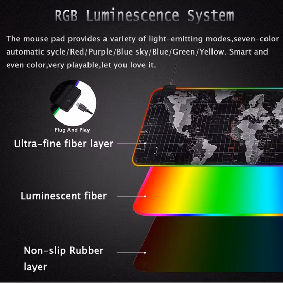 Large Custom Logo Printing Rubber Mousepad Promotion Gift Mouse Mat Gaming World Map Desk Mat LED RGB Mouse Pad Computer Accessories